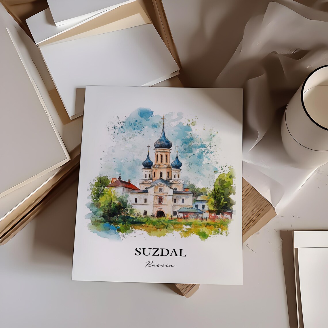 Suzdal Russia Watercolor Blue Onion Dome Church Travel Poster - Image 3
