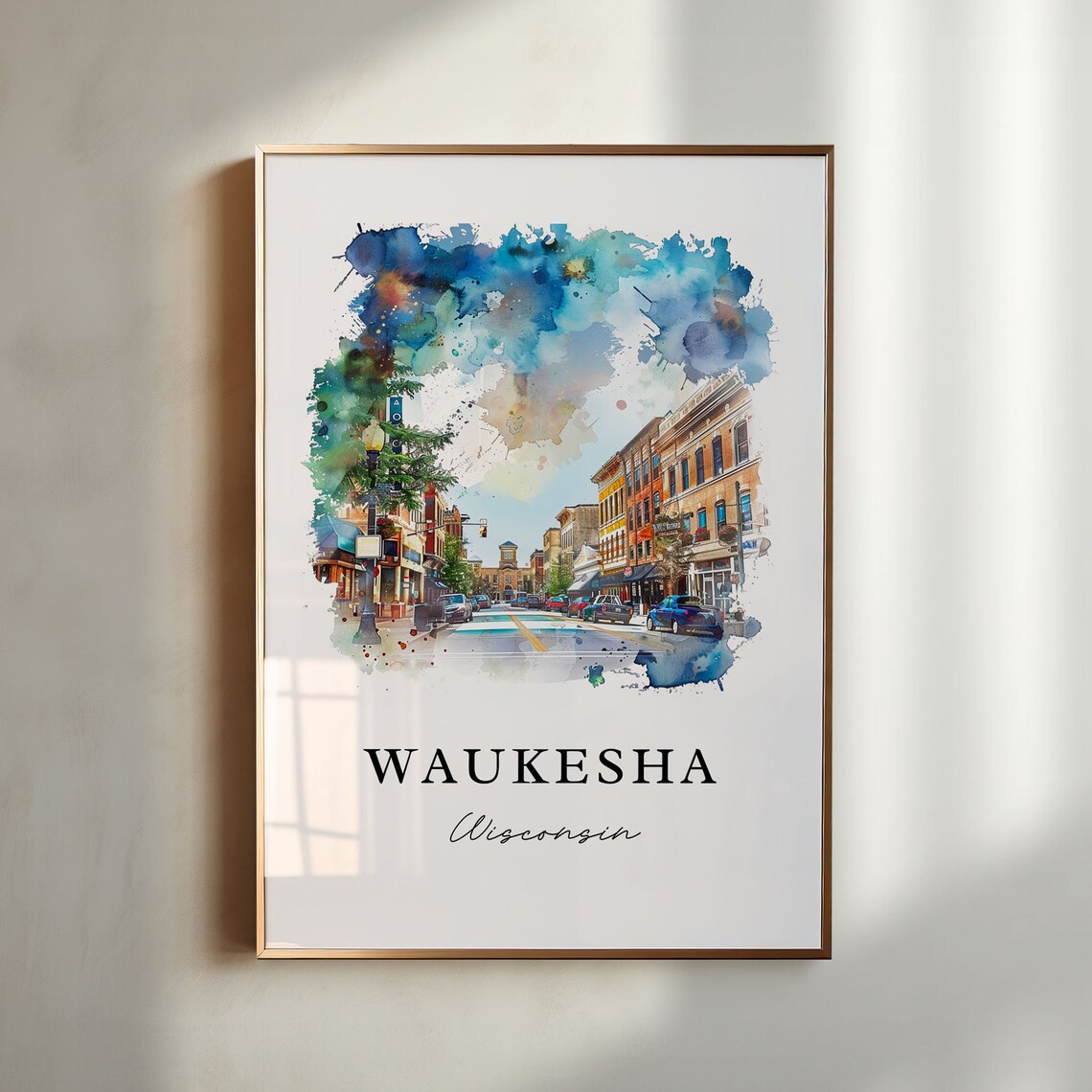 Waukesha Wisconsin Historic Downtown Street Watercolor Poster