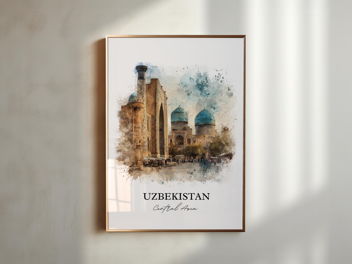 Uzbekistan Central Asia Watercolor Art Blue Dome Madrasa Poster - Image 2