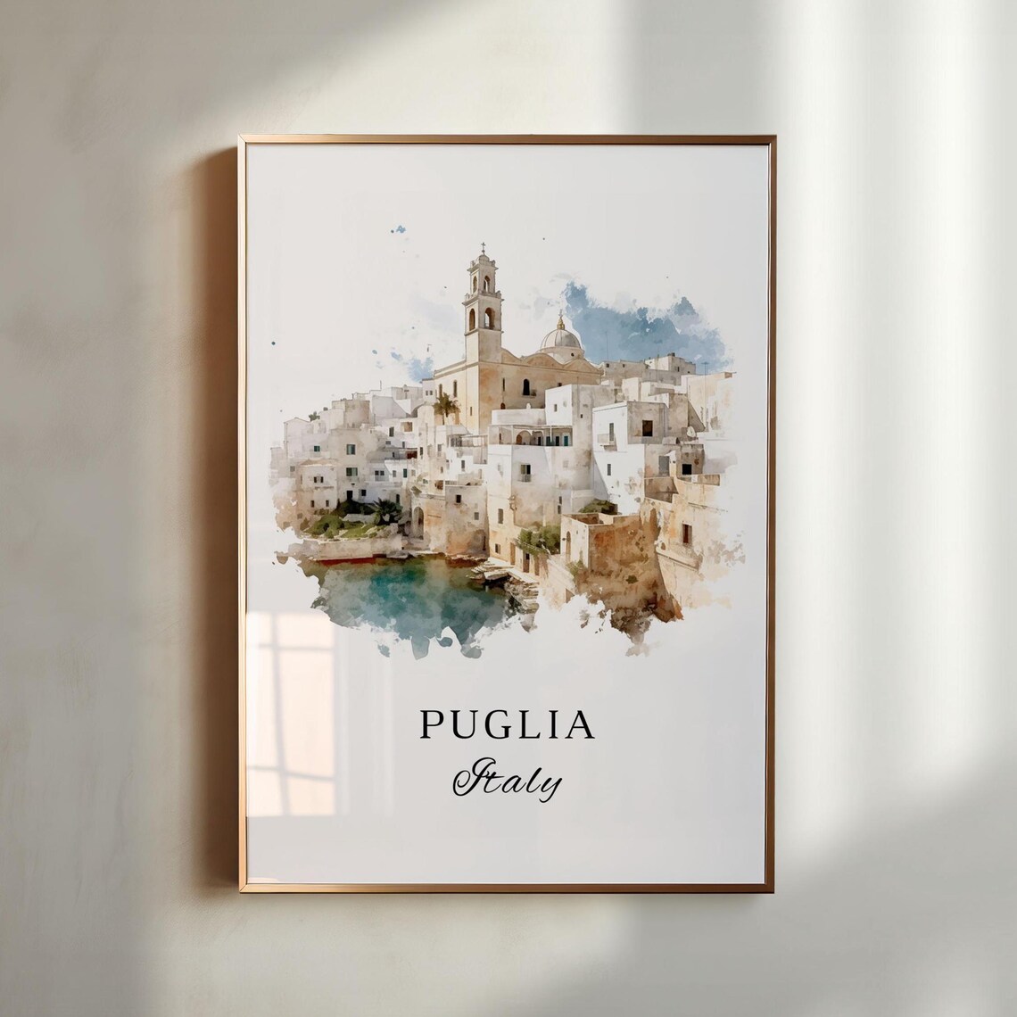 Puglia Italy Whitewashed Hilltop Old Town Coast Watercolor Poster - Image 4