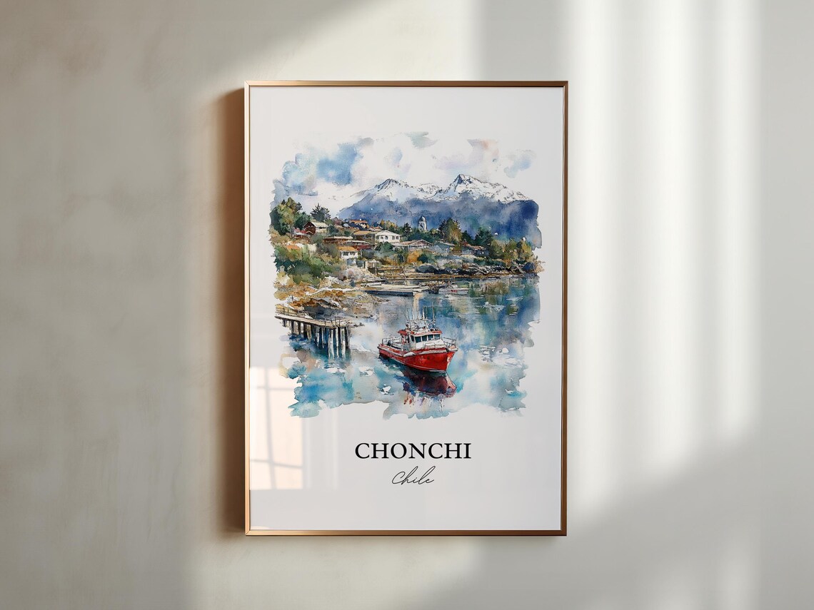 Chonchi Chile Watercolor Red Fishing Boat Harbor Scene Poster - Image 4