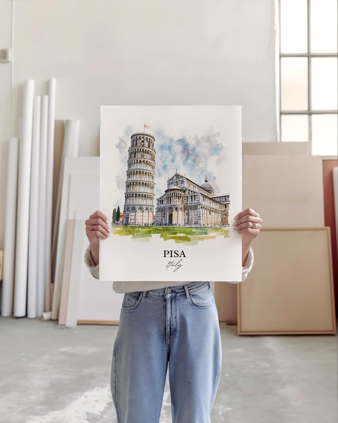 Pisa Italy Leaning Tower Cathedral Watercolor Landmark Travel Poster - Image 4