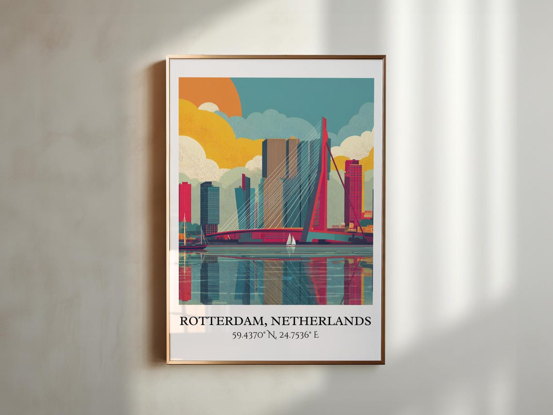 Rotterdam Netherlands Erasmus Bridge Sunset Harbor Travel Poster - Image 3