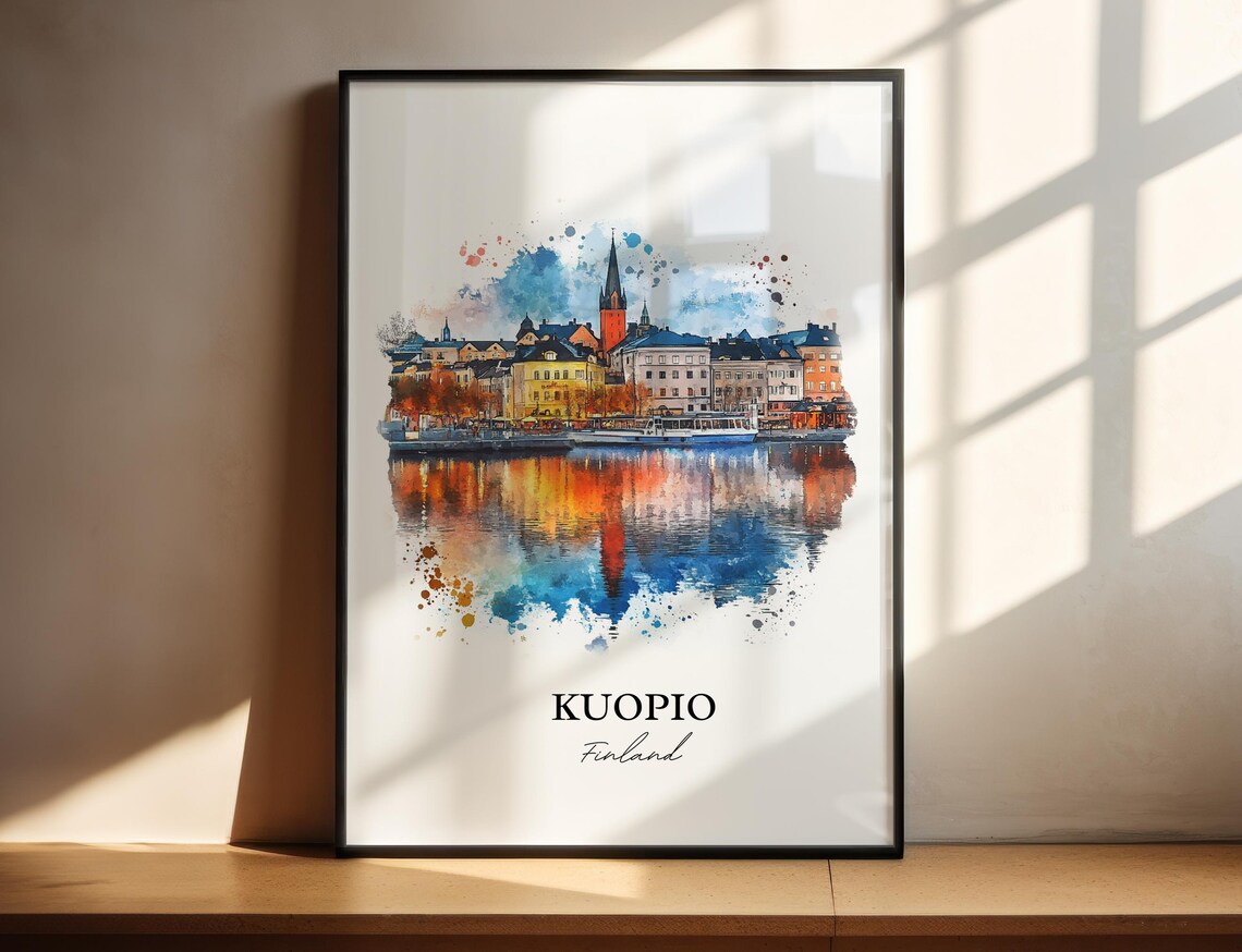 Kuopio Finland Lakefront City Watercolor Skyline Travel Art Wall Print
