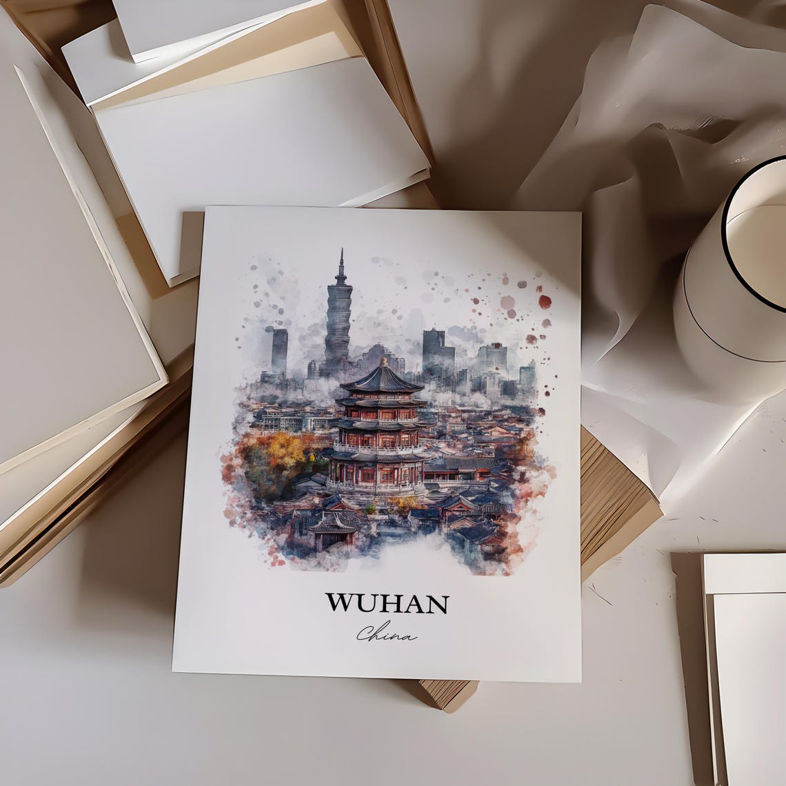 Wuhan China Yellow Crane Tower Skyline Watercolor Travel Poster - Image 2