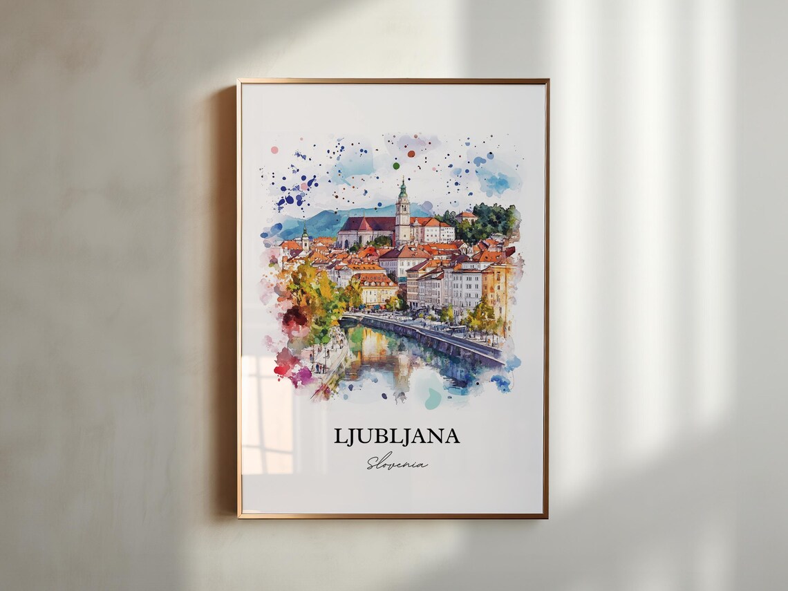 Ljubljana Slovenia Riverside Castle Old Town Watercolor Travel Poster - Image 2