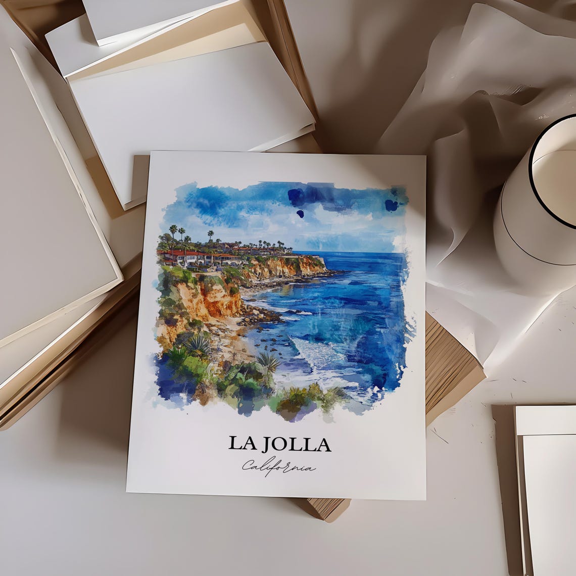 La Jolla California Coastal Cliff Ocean View Watercolor Poster - Image 3