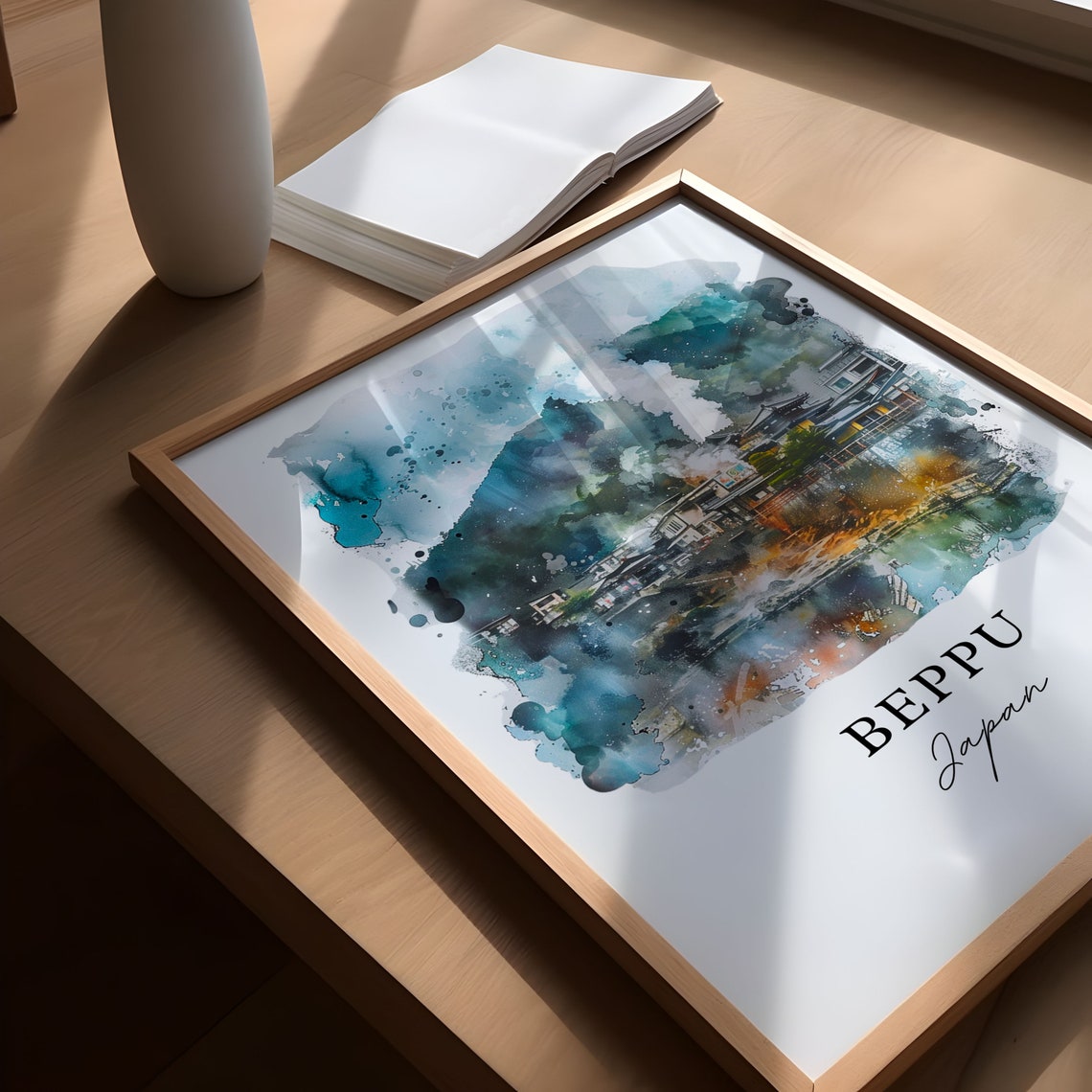 Beppu Japan Watercolor Hot Spring Mountain Town Scene Poster - Image 5