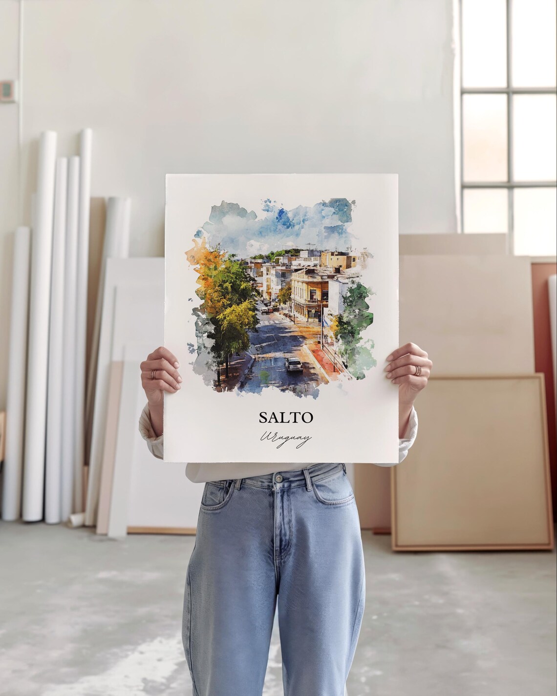 Salto Uruguay Tree Lined Street Watercolor City Scene Poster - Image 3