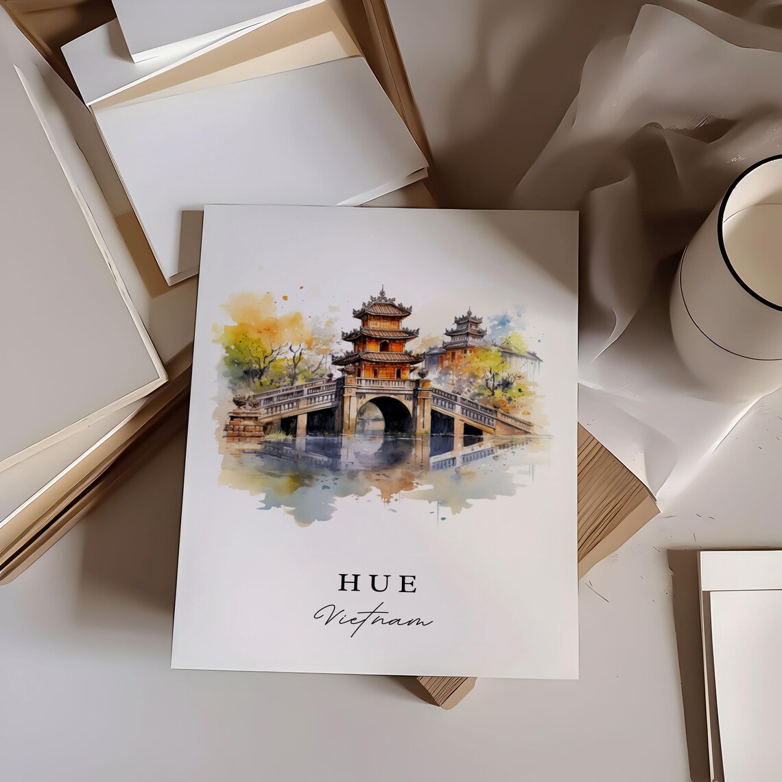 Hue Vietnam Watercolor Art Pagoda Bridge Imperial Old Town Poster - Image 6