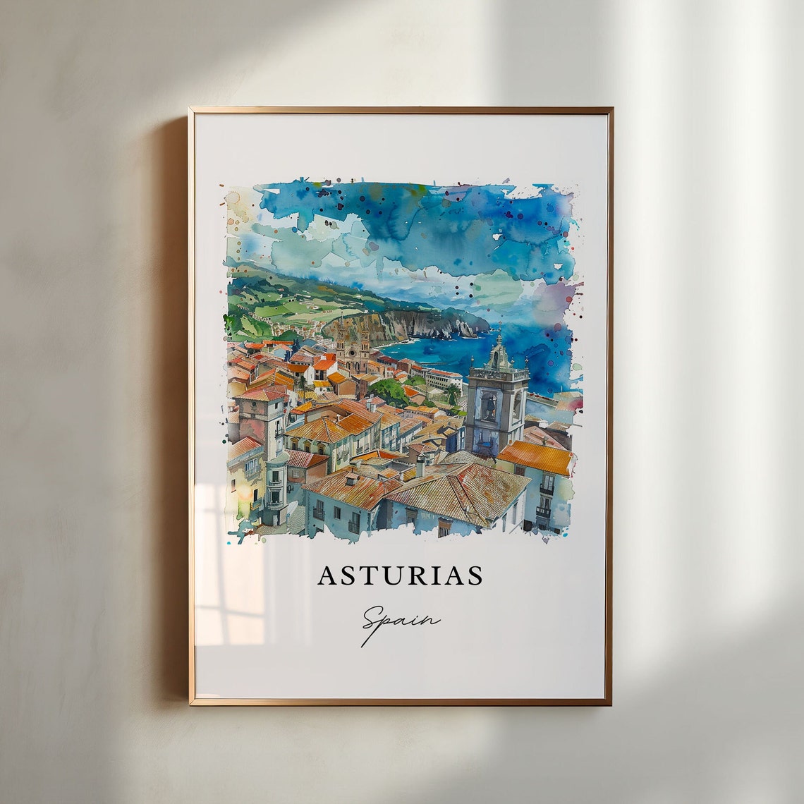 Asturias Spain Watercolor Travel Poster, Housewarming