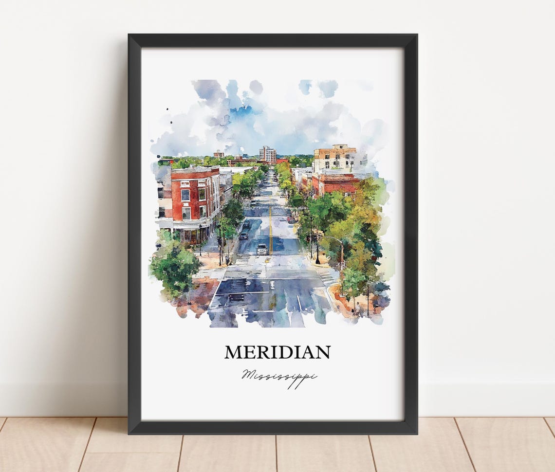 Meridian Mississippi Brick Downtown Watercolor City Travel Poster
