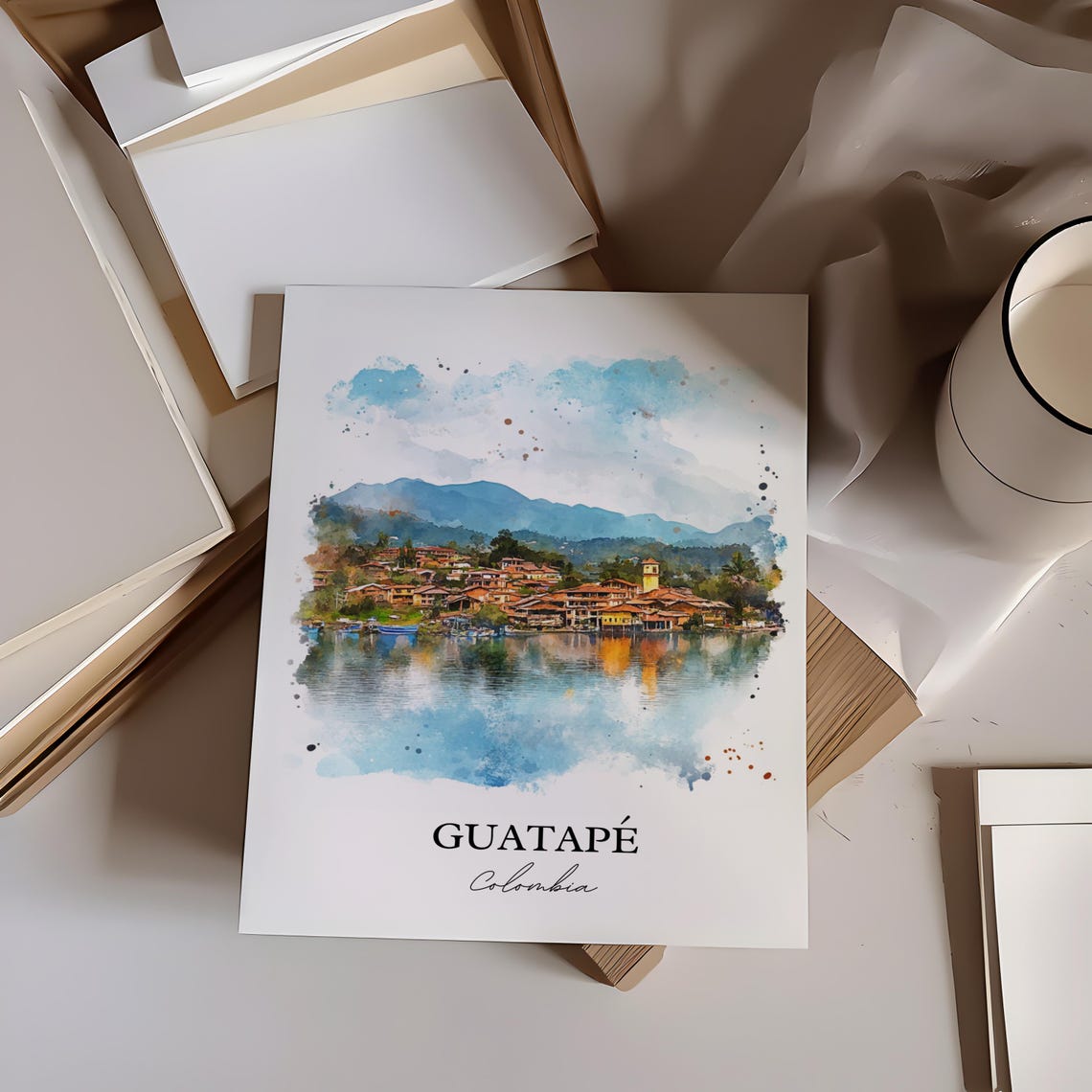Guatape Colombia Lakeside Town Church Tower Mountain Watercolor Poster - Image 2