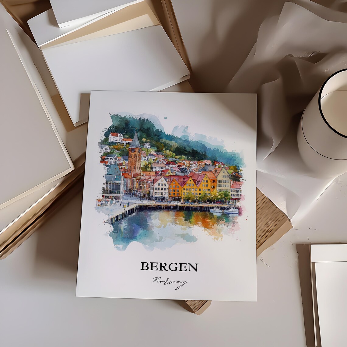 Bergen Norway Colorful Wharf Houses Watercolor Travel Poster - Image 3