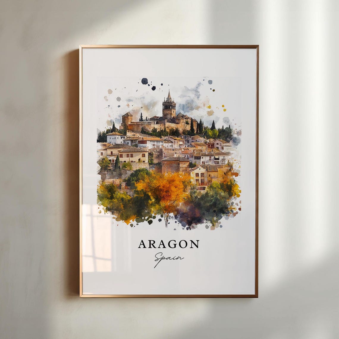 Aragon Spain Historic Hilltop Castle Town Watercolor Travel Poster