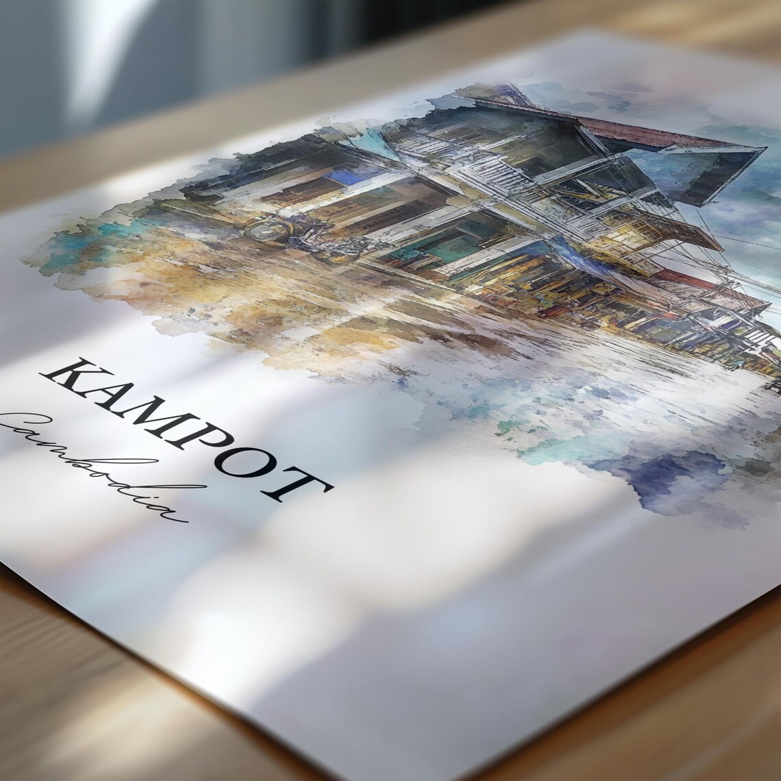 Kampot Cambodia Watercolor Colonial Shophouse Street Scene Poster - Image 6