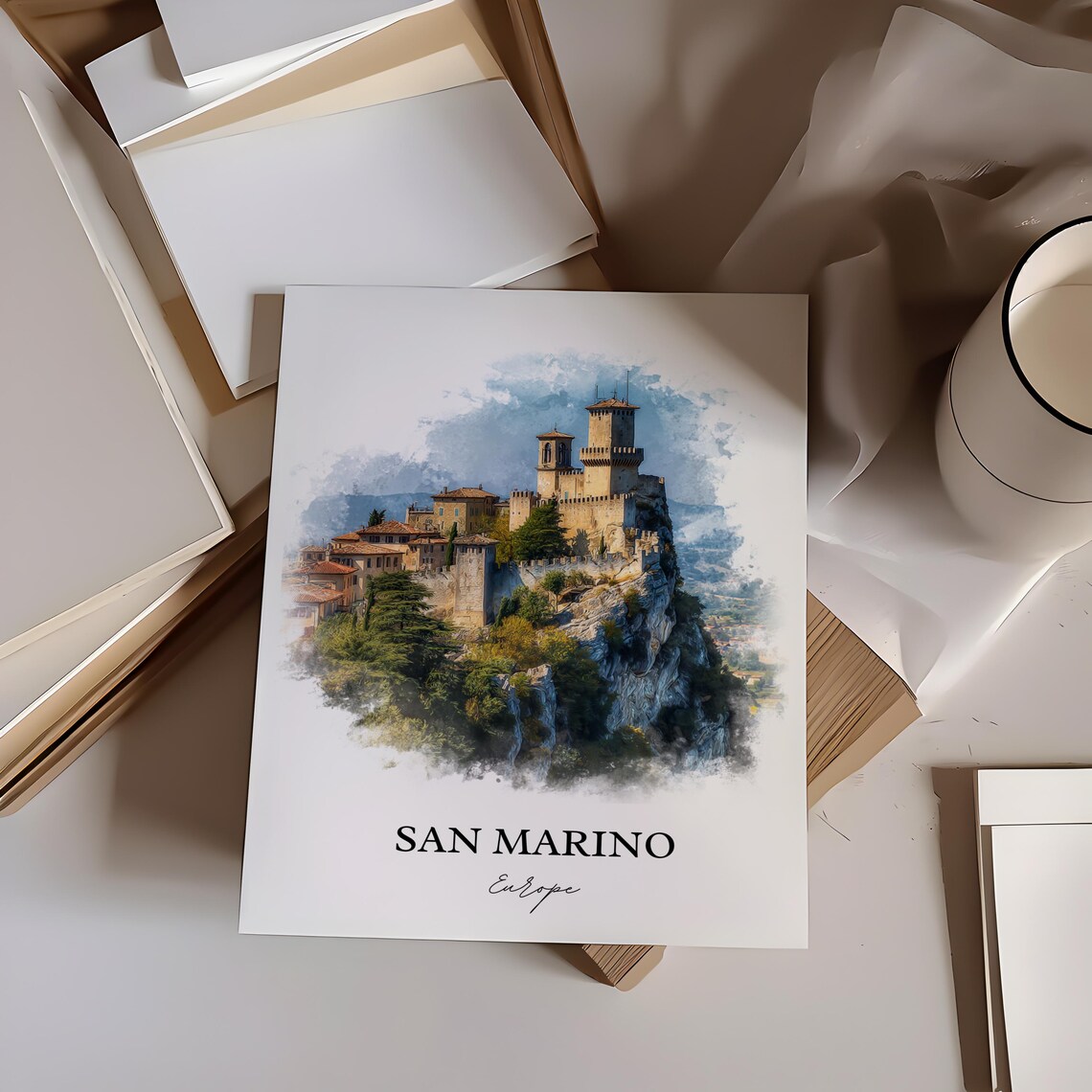 San Marino Europe Cliff Fortress Tower Watercolor Travel Poster - Image 4