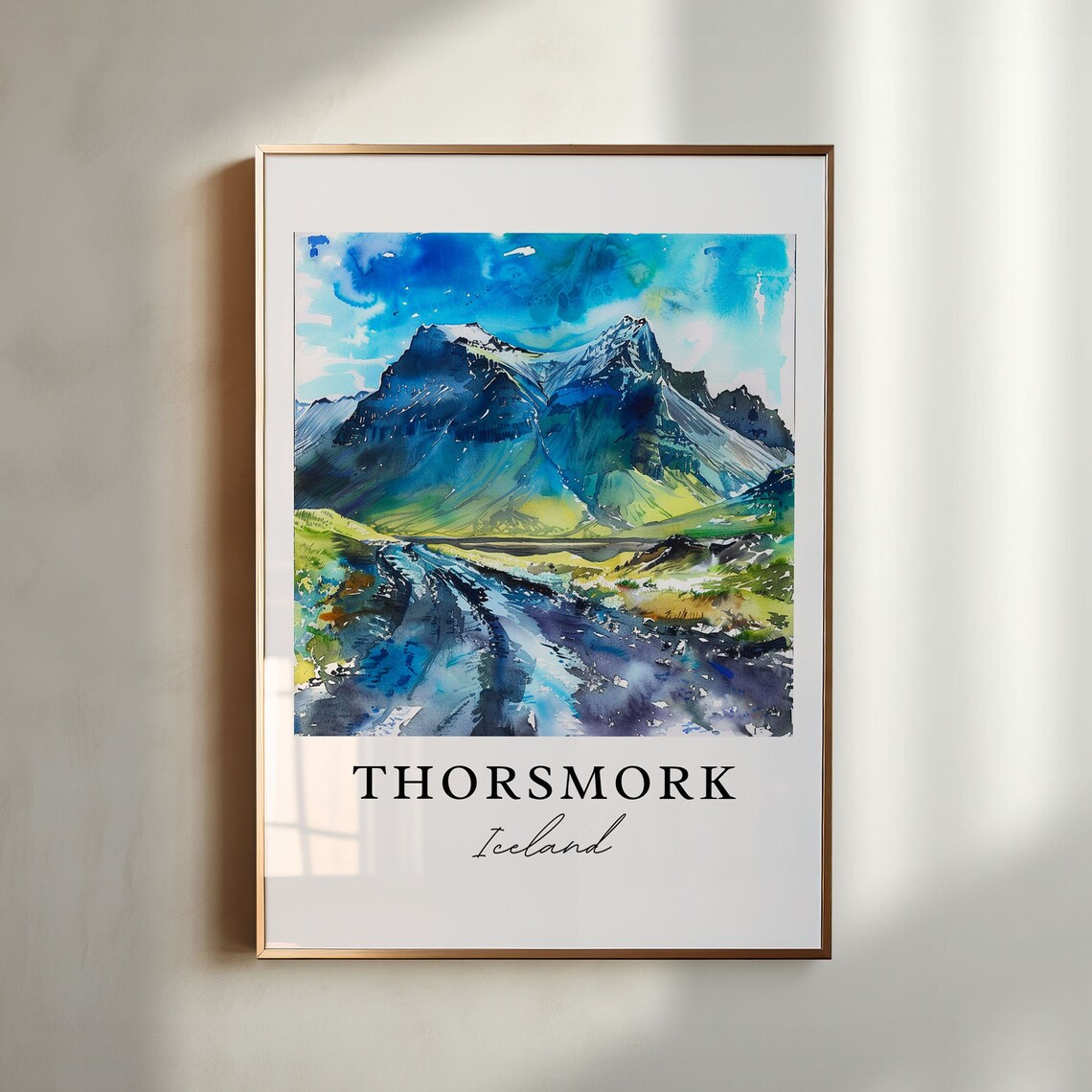 Thorsmork Iceland Mountain River Watercolor Wilderness Poster