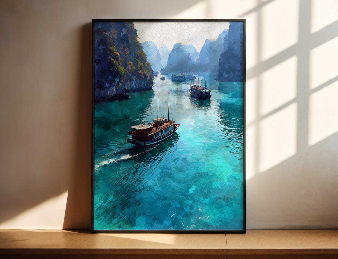 Ha Long Bay Vietnam Limestone Karsts and Boats Watercolor Wall Art