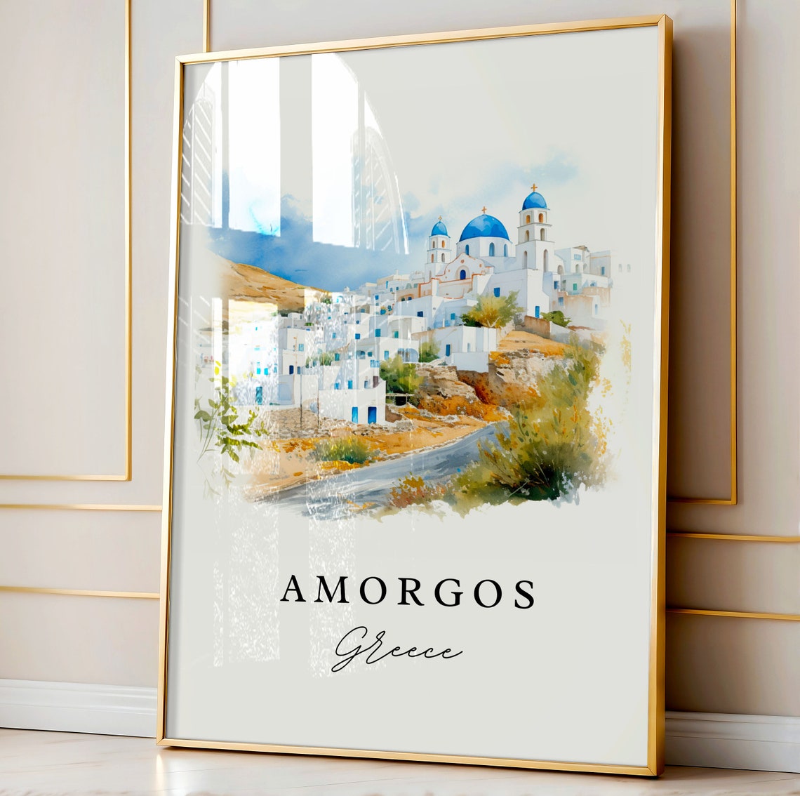 Amorgos Greece Blue Domed Island Church Watercolor Travel Poster - Image 4