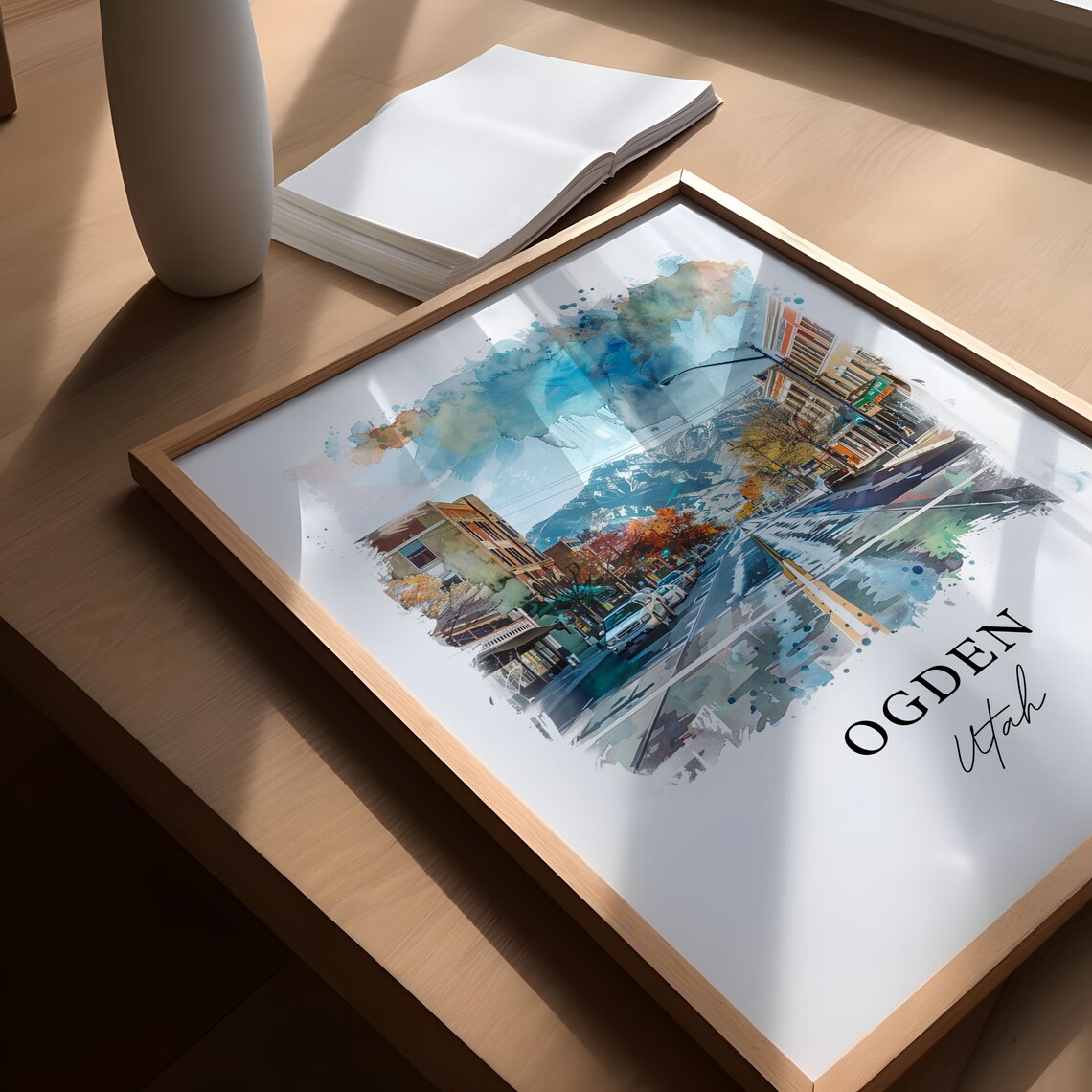 Ogden Utah Downtown Street Snowy Mountain Watercolor Cityscape Poster - Image 5
