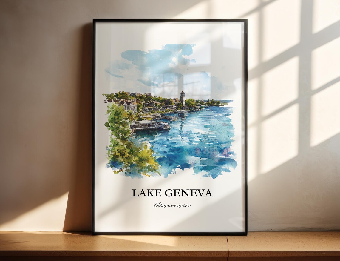 Lake Geneva Wisconsin Waterfront Resort Town Watercolor Poster