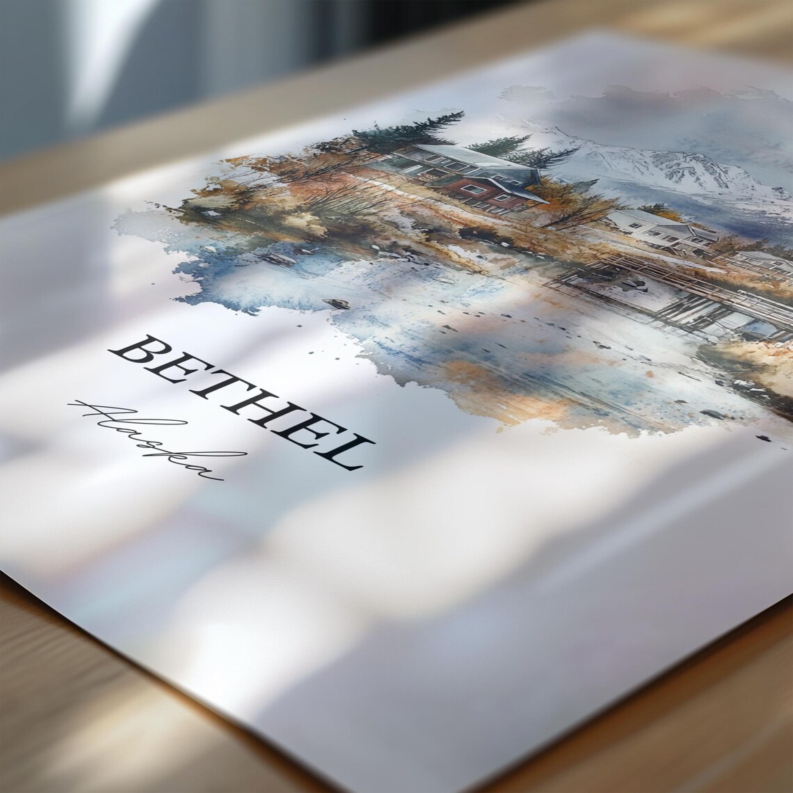 Bethel Alaska Riverside Village Snowy Mountains Watercolor Poster - Image 6