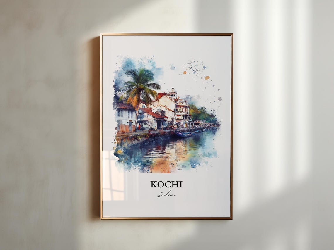 Kochi India Watercolor Harbor Scene Travel Souvenir Art Poster - Image 2