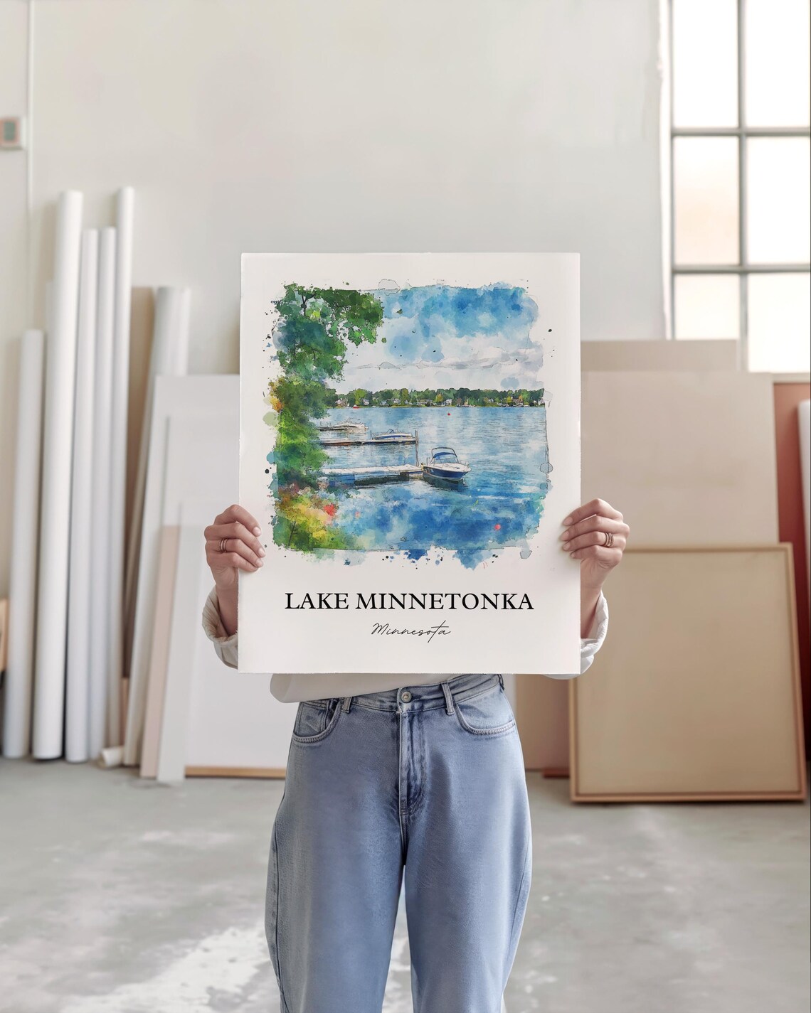 Lake Minnetonka Minnesota Summer Dock and Boats Watercolor Poster - Image 3