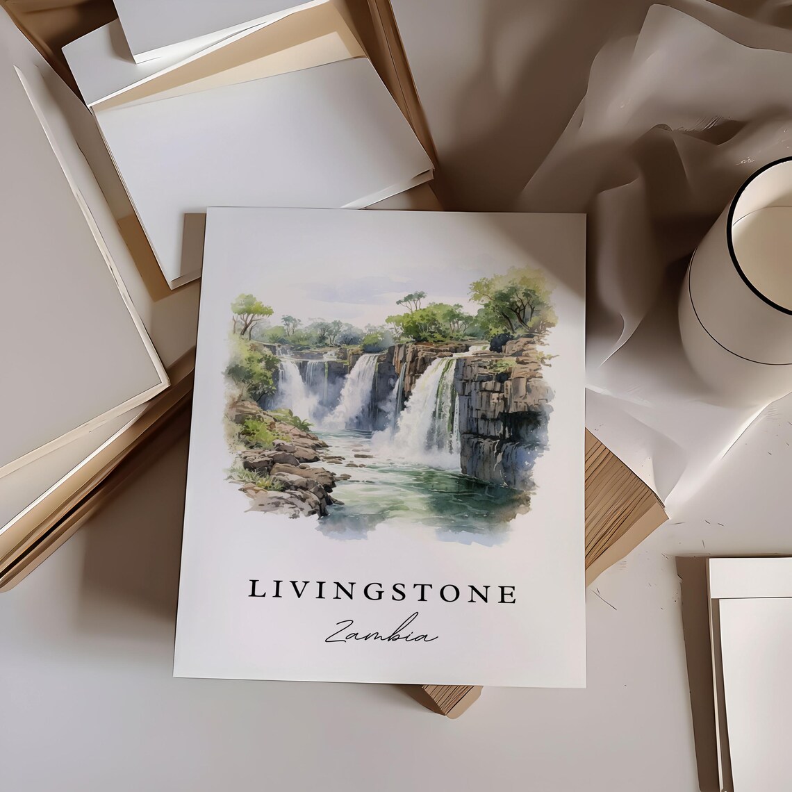 Livingstone Zambia Watercolor Of Victoria Falls Cascading Cliffs Poster - Image 2