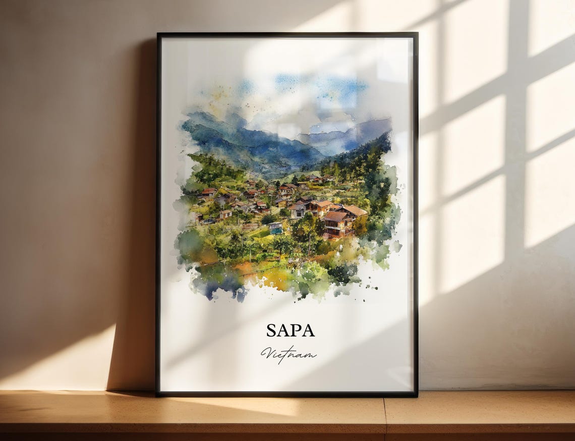 Sapa Vietnam Watercolor Mountain Town Valley Landscape Poster