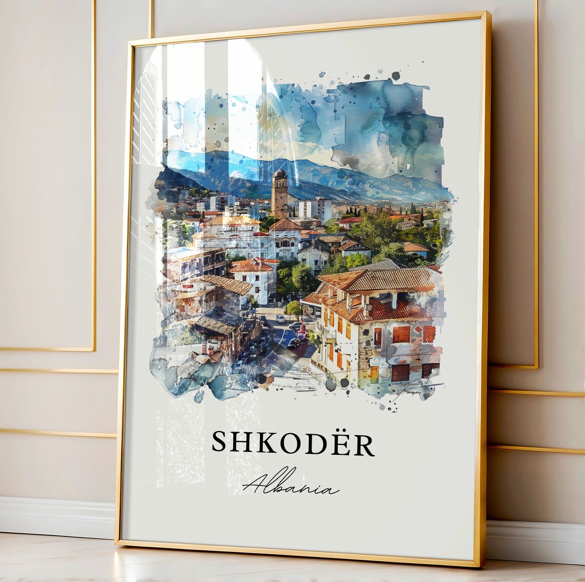 Shkoder Albania Castle Hill Cityscape Watercolor Travel Poster - Image 4