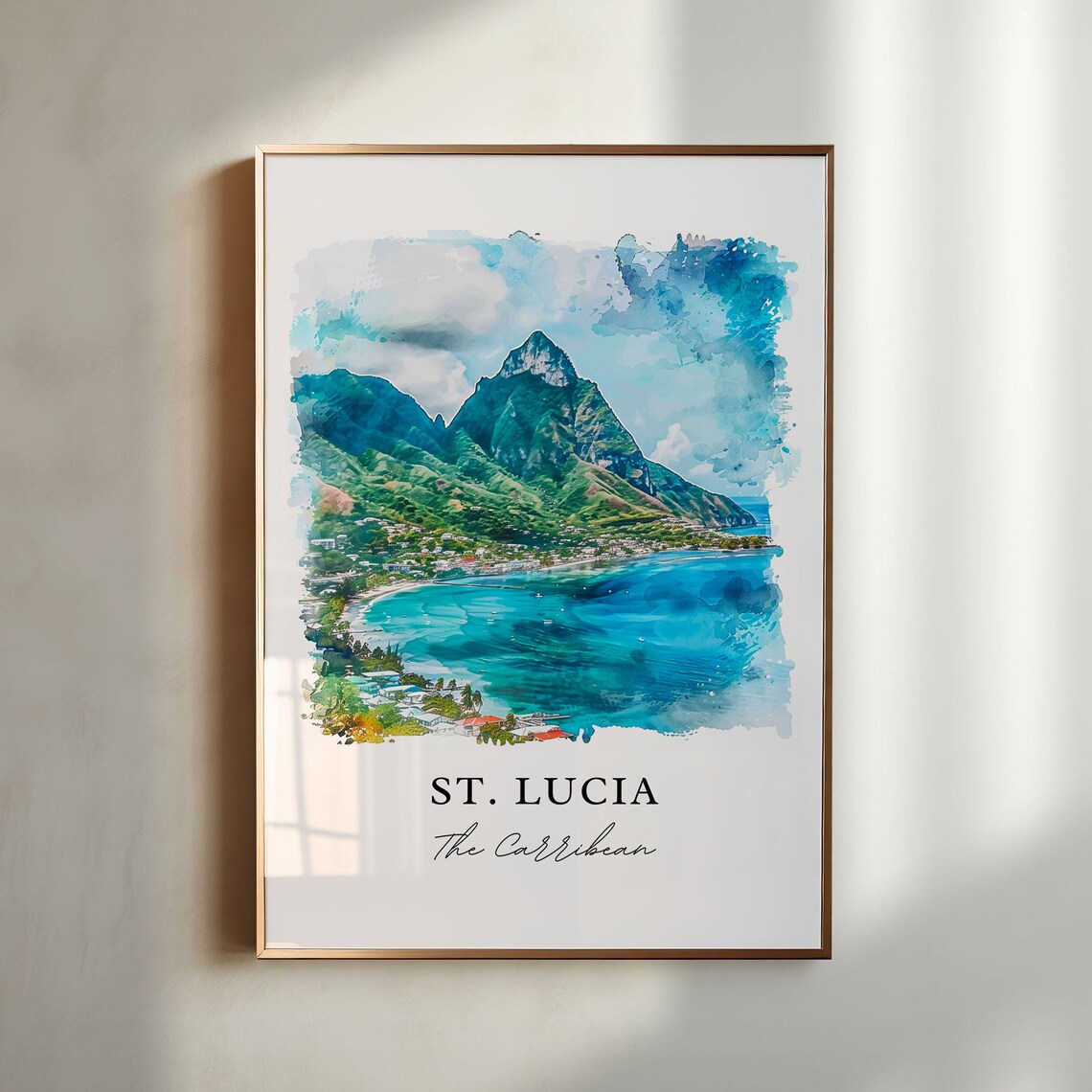 St Lucia Caribbean Pitons Turquoise Bay Watercolor Travel Poster
