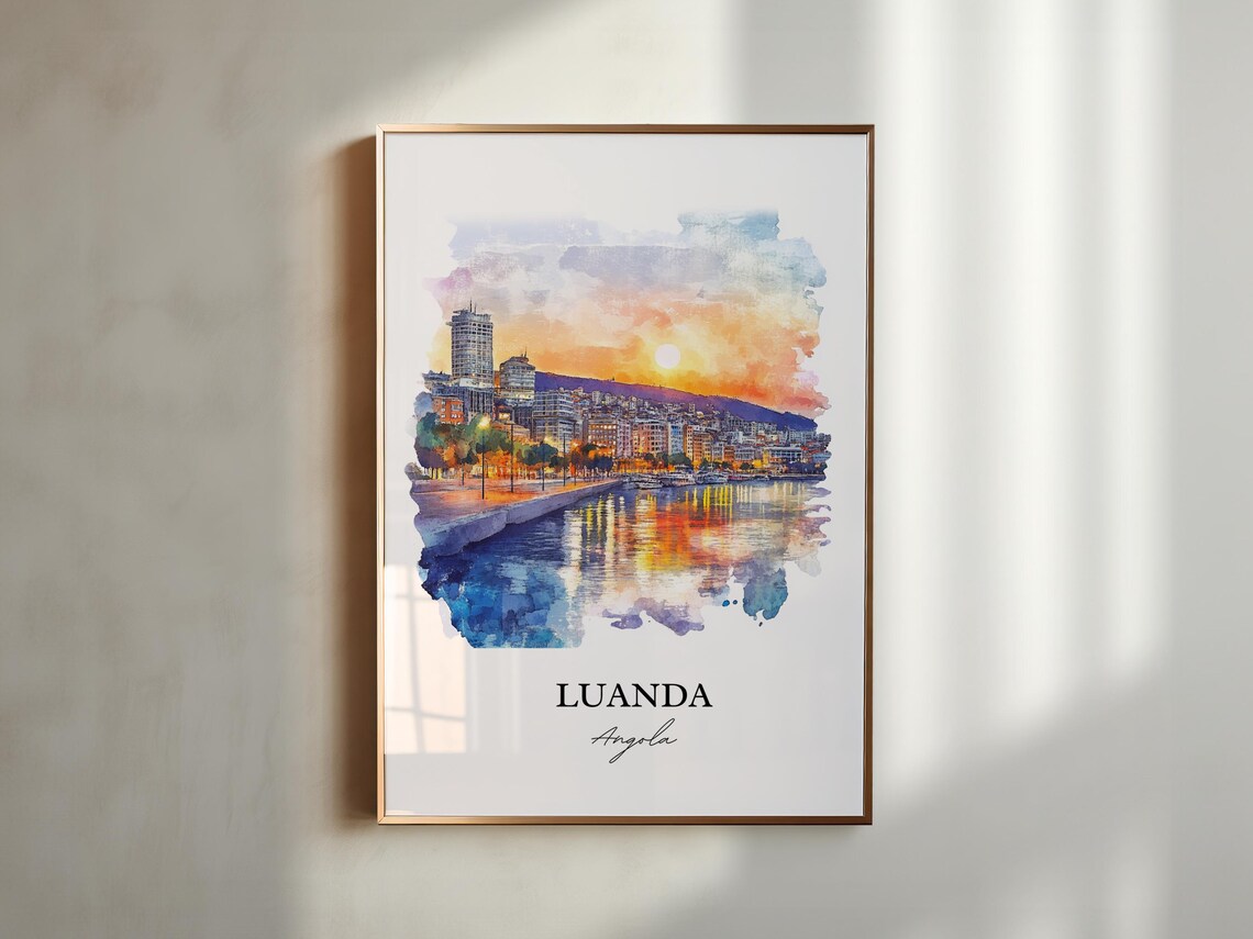 Luanda Angola Sunset Harbor Skyline Watercolor Travel Poster - Image 3