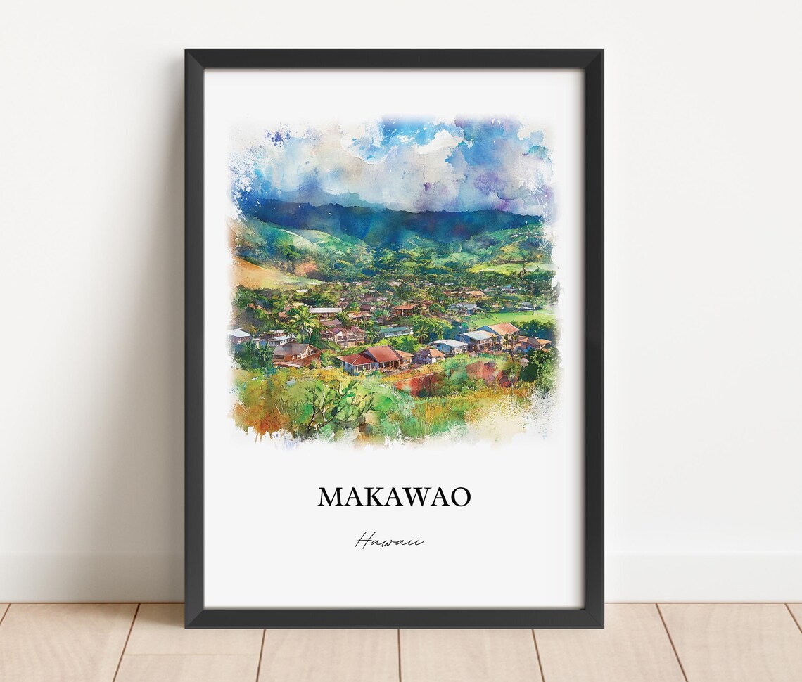 Makawao Hawaii Upcountry Maui Town Mountains Watercolor Poster