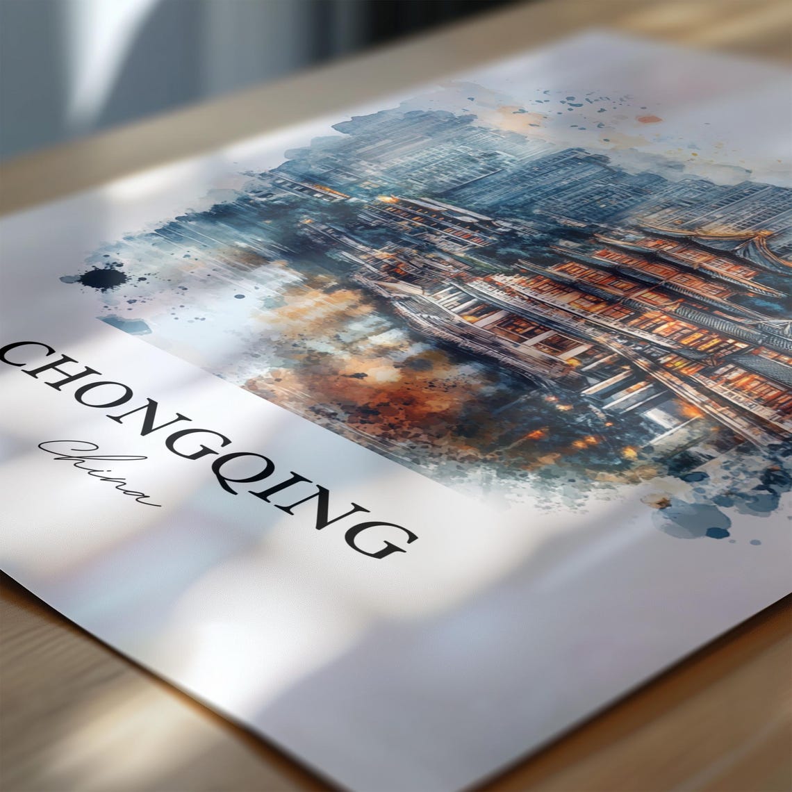 Chongqing China Watercolor Riverside Temple City Skyline Poster - Image 7