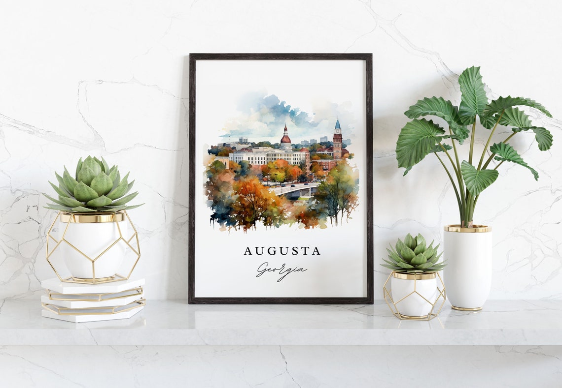 Augusta Georgia Cityscape Watercolor Clock Tower Autumn Trees Poster