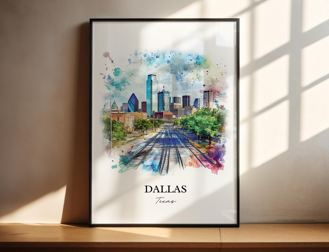 Dallas Texas Skyline Railroad Tracks Watercolor City Art Poster