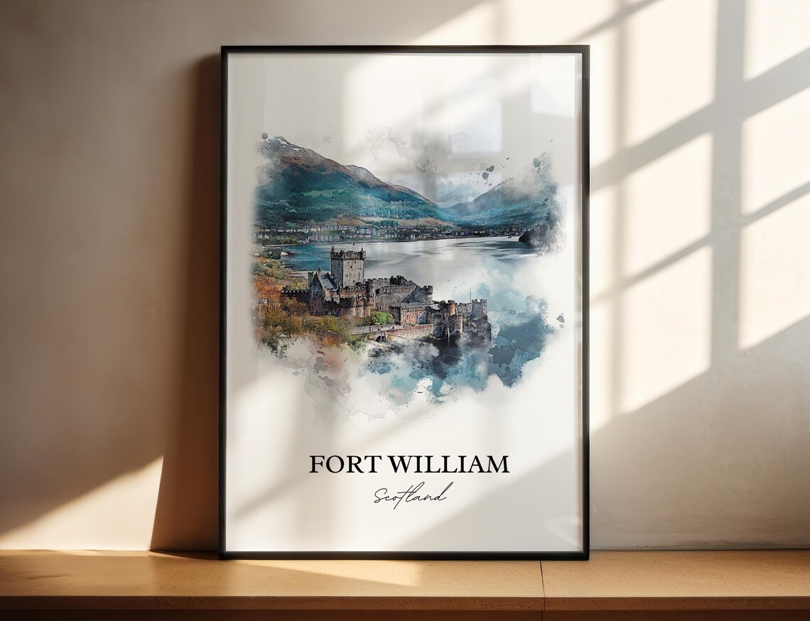 Fort William Scotland Watercolor Castle Loch Mountain View Poster