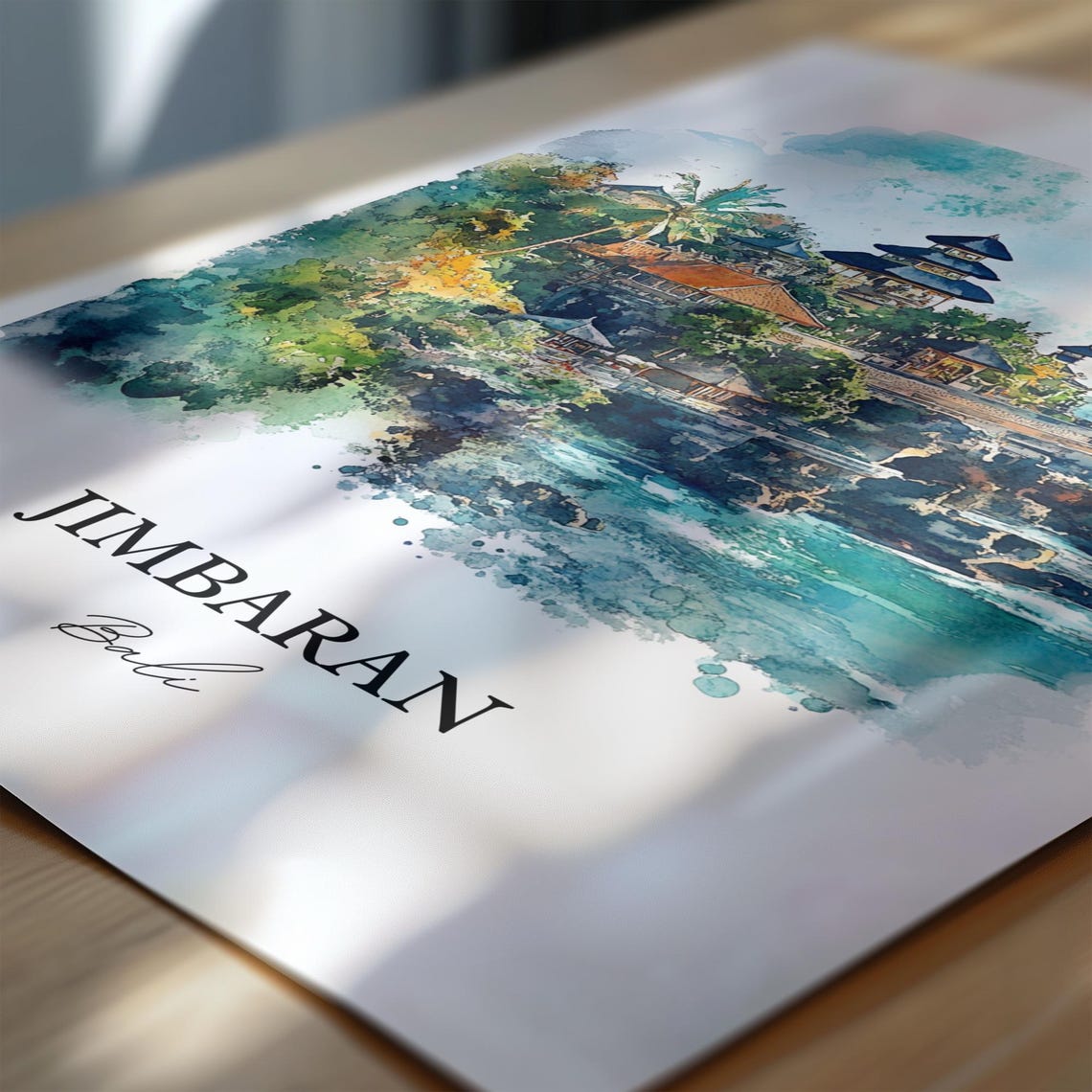 Jimbaran Bali Dreamy Watercolor Ocean Cliff Temple Sea View Poster - Image 7