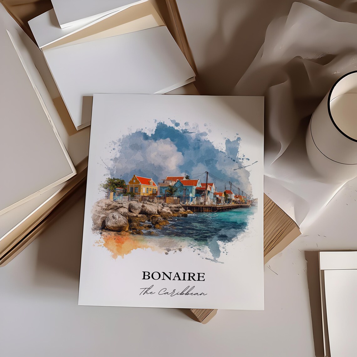 Bonaire Caribbean Colorful Waterfront Harbor Watercolor Poster - Image 3