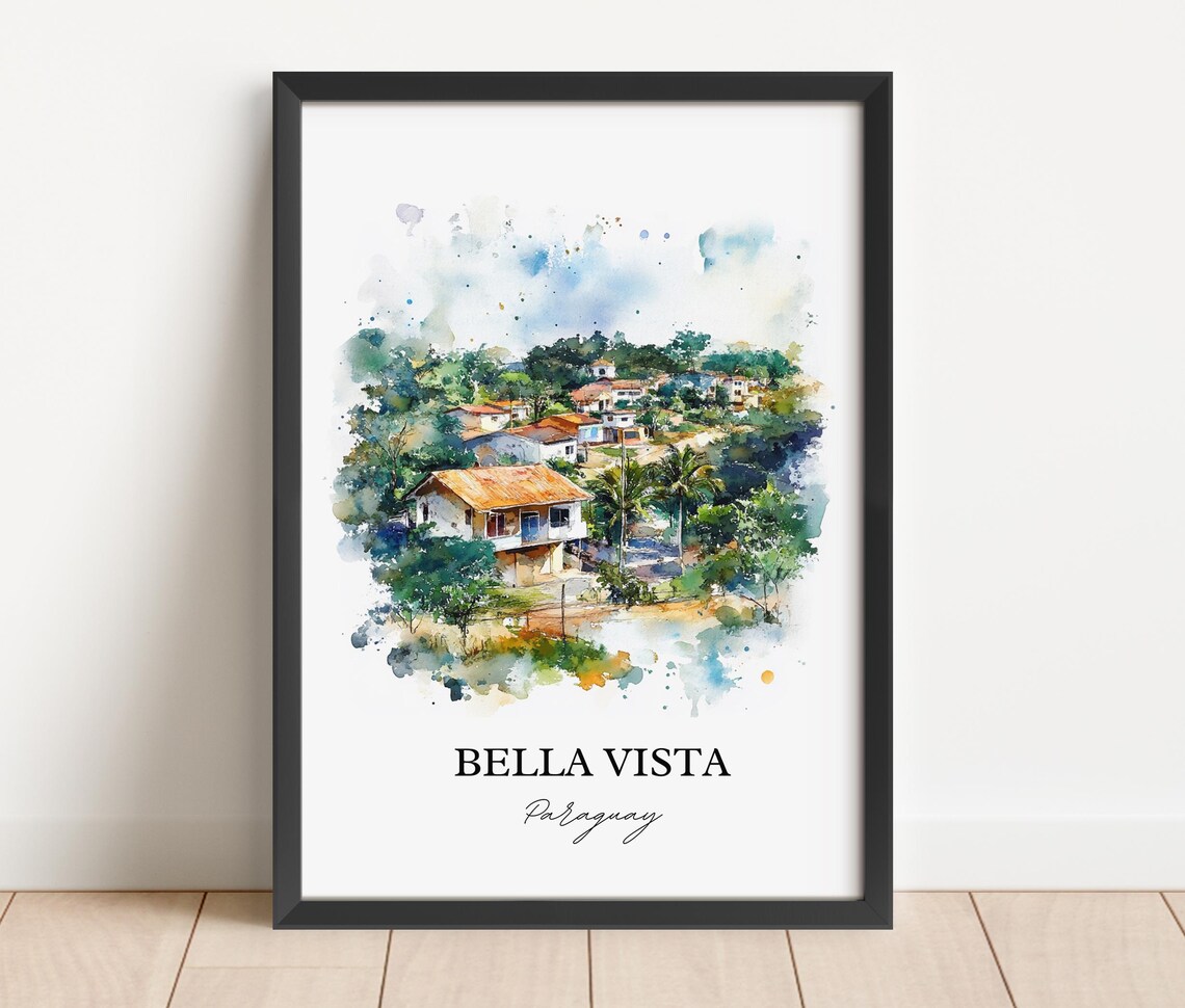 Bella Vista Paraguay Watercolor Green Hillside Village Scenic Poster - Image 4