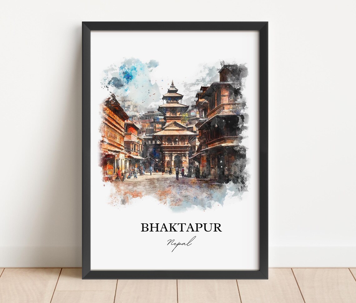 Bhaktapur Nepal Watercolor Pagoda Temple Square Travel Poster - Image 3