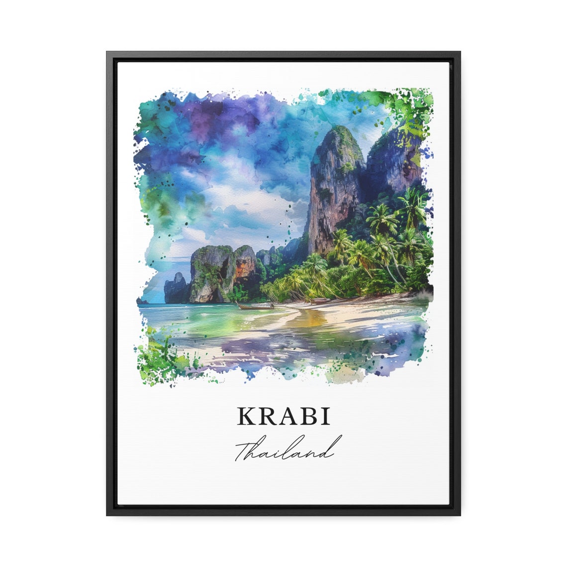 Krabi Thailand Watercolor Limestone Cliffs Beach Boat Scene Poster - Image 3