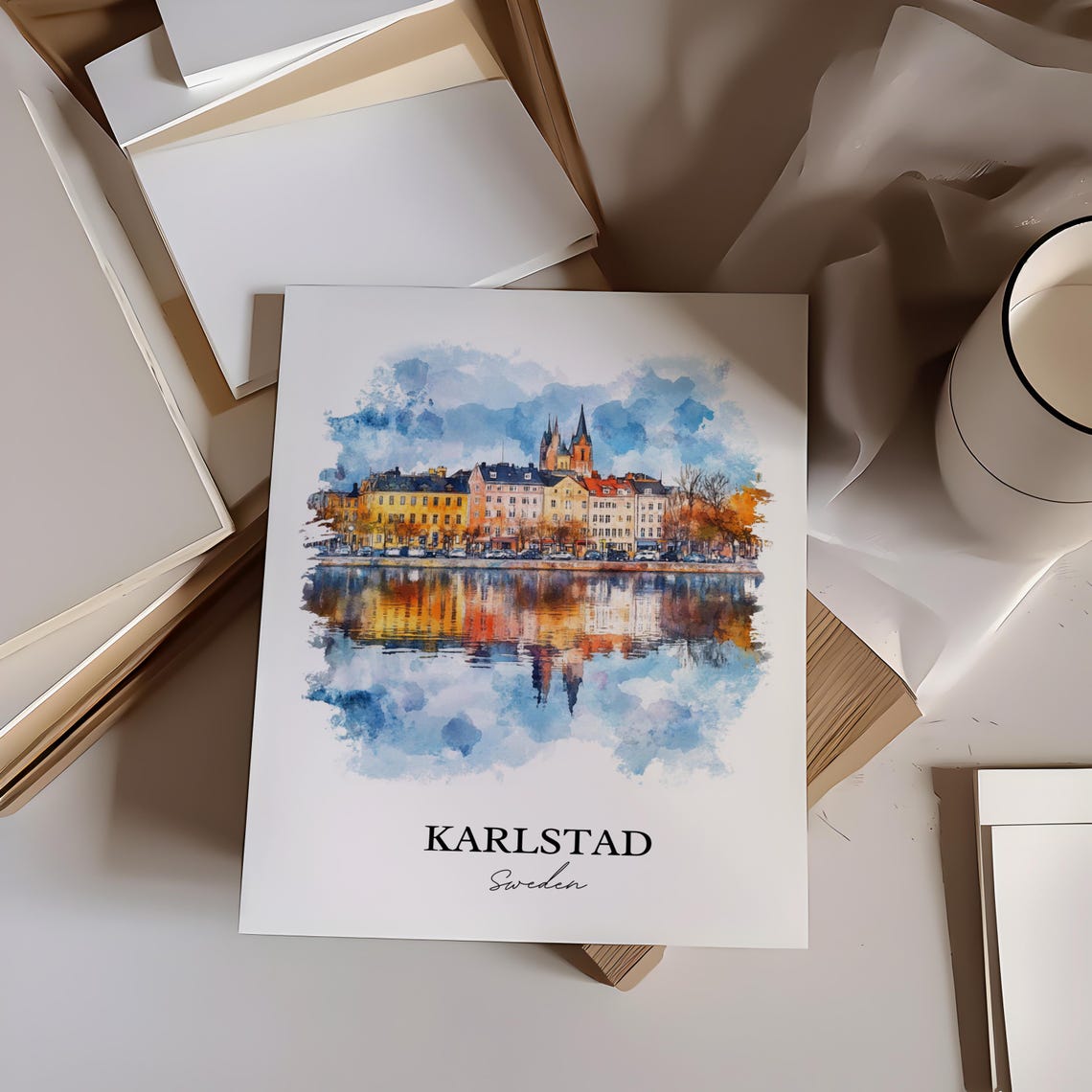 Karlstad Sweden Waterfront Reflection Watercolor Minimalist Poster - Image 2