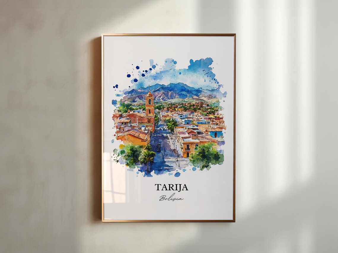 Tarija Bolivia Watercolor City View Church Tower Mountain Poster - Image 3