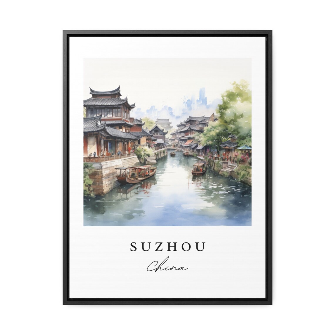 Suzhou China Canal Water Town Boats Watercolor Travel Poster - Image 3