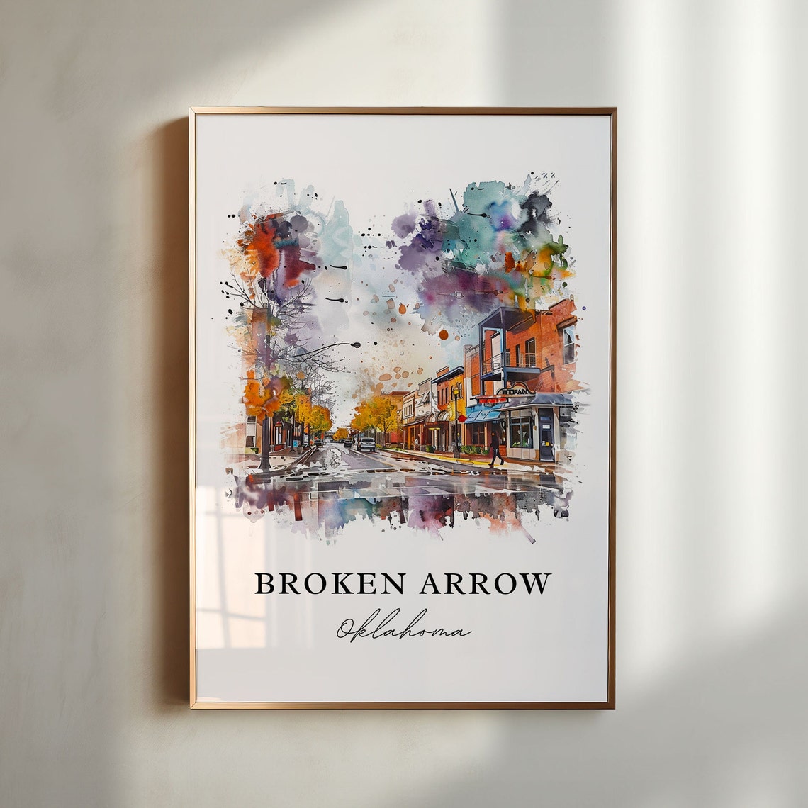Broken Arrow Oklahoma Watercolor Downtown Street Scene Poster