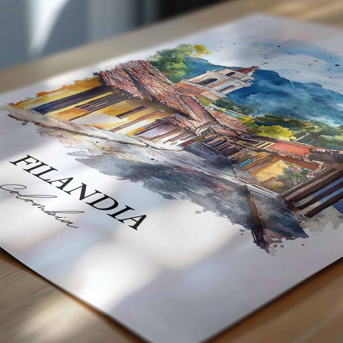 Filandia Colombia Cobblestone Street Church Tower Watercolor Poster - Image 6