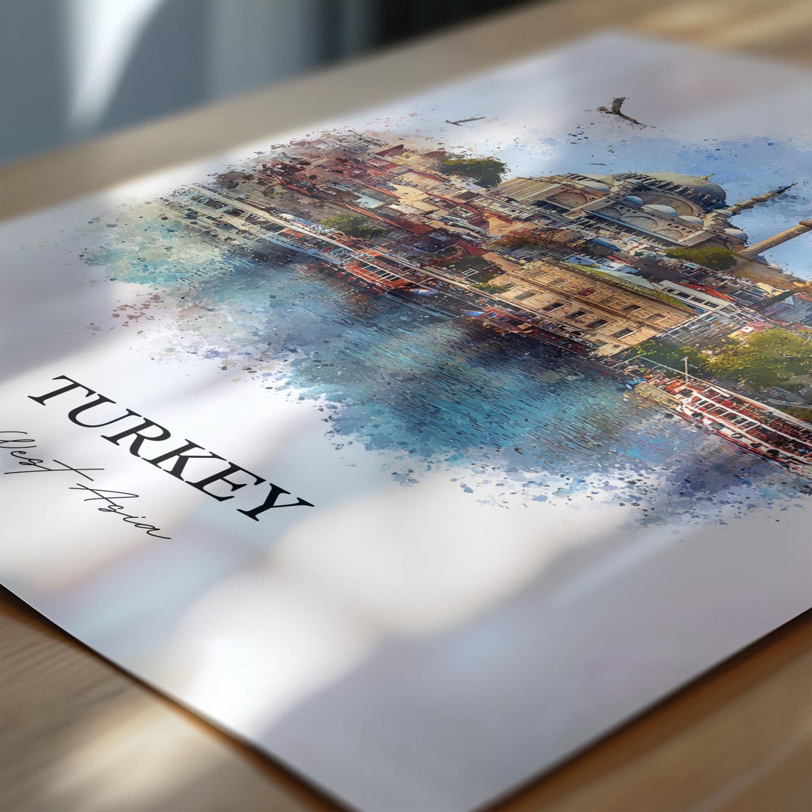 Turkey Watercolor Art Ottoman Mosque Waterfront Minarets Poster - Image 6